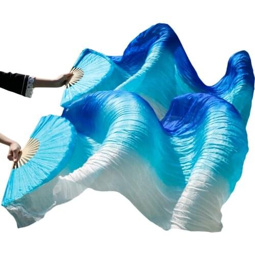 New Arrivals Stage Performance Dance Fan 100% Silk Veil Colored Women Belly Dance Fans Royal blue+turquoise+white stripe (2pcs)