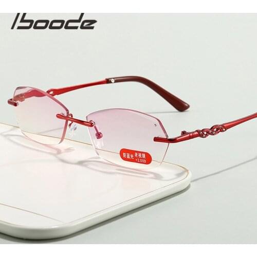 Iboode +1 +1.5 +2 +2.5 +3 +3.5 +4 Irregular Frameless Presbyopic Reading Glasses Women Metal Anti Blue Ray Far Sighted Eyewear