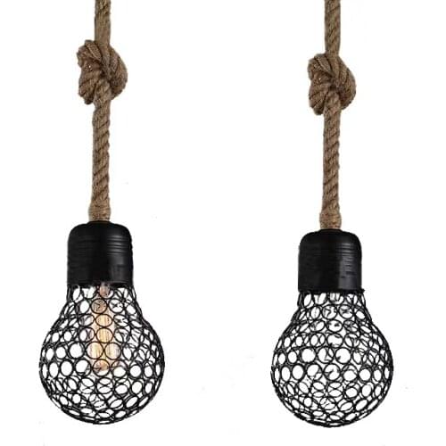 Loft Bulb Shape Rope Pendant Lamp Metal Cage Hanging Light Fixture Industrial Droplight For Restaurant Bar Coffee Room