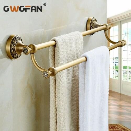 Retro Style Double Towel Bars European Style Bathroom Accessories Towel Hanger Wall Mounted Antique Brass Towel Rack DG-8312F