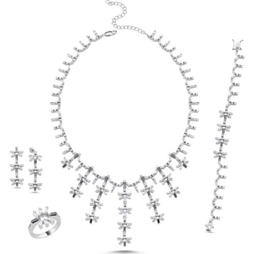 Silverlina Silver Black-White Zircon Stone Necklace, Bracelet and Earrings Set