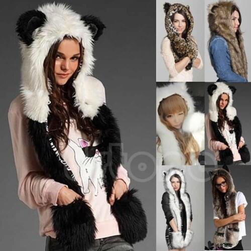 Winter Faux Fur Hood Animal Hoods Hat Cap Cartoon Plush Hats With Scarf Paws Sets Warm Caps Beanies Cartoon Panda Wolf Hat F05