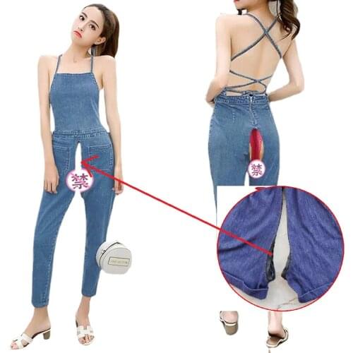 Outdoor Sex Jeans Jumpsuits Women Clothes Hot Sexy Backless Overalls Denim Pants Trousers Secret Zipper Public Sex Romper Female