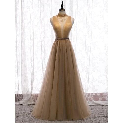 High Neck A-line Evening Dress Robe De Soiree Champagne Tulle With Sequined Beading Evening Dresses Long Dress Vestido De Festa