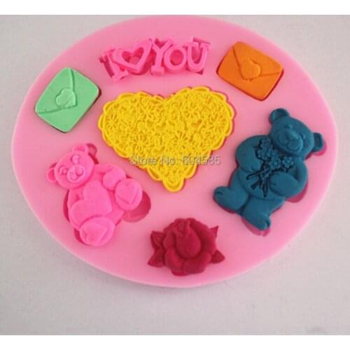 Valentine bear lover heart silicone fondant cake molds soap chocolate mould for the kitchen baking Sugarcraft FM024