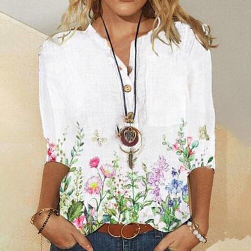 Street Style Lady Fashion Casual Tops Summer Loose Elegant Pullover Shirts For Women V-neck Printed Short-Sleeved Vintage Blouse