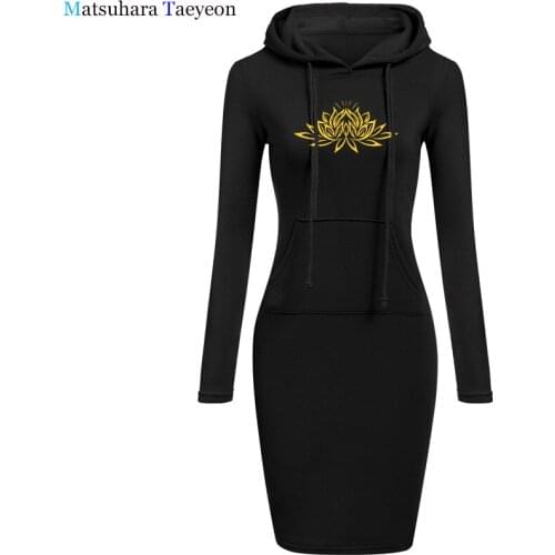 Beautiful Lotus Women Dress Cotton Pocket Dresses Fashion Print Summer Hooded Long Sleeve Casual Clothing