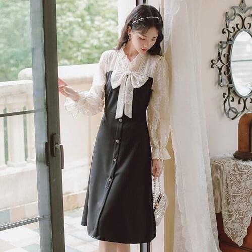 French Ruffled Patchwork V-neck Design Temperament Dress Chiffon Embroidery Bowknot Cute Ladies Autumn Elegant Retro Midi Dress