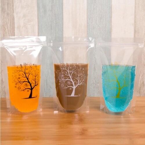 100 Pack, 450ml Fashion Tree Printed Design Self- supporting Plastic Drink Packaging Bag Pouch for Beverage Water Juice Coffee