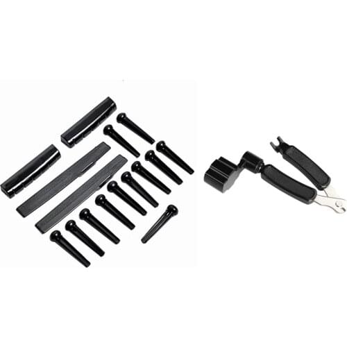 2 Sets Acoustic Guitar Bridge Pins & Saddle & Nut Black with Black 3 In 1 Guitar String Winder String Cutter Pin Puller