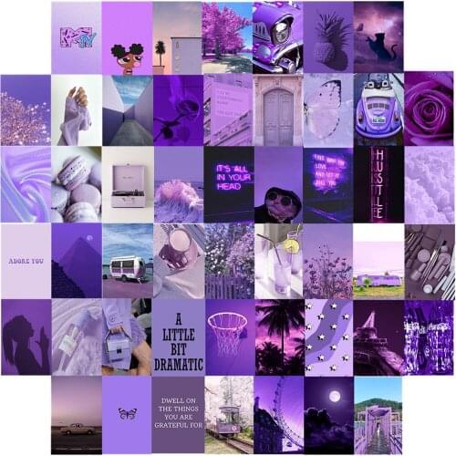 50Pcs Elegant Temperament Pastel Violet Series Picture for Wall Collage Set Cosmetic Bag Neon Word Postcard Art Room Decoration