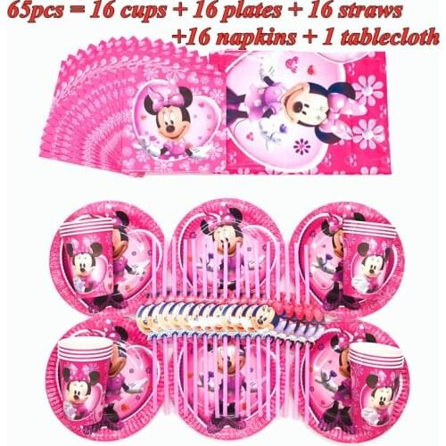 65/41pcs Minnie Mouse Theme Disposable Party Tableware Set Kids Girls Birthday Party Decor Paper Cup Plate Napkin Party Supplies