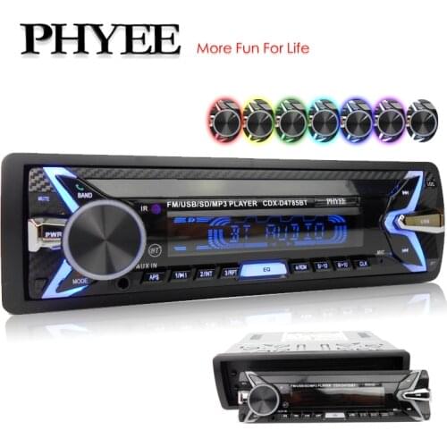 Detachable Car Radio 1 Din Bluetooth A2DP Stereo USB MP3 Audio Player SD Aux FM Tuner 7 Colors Lighting Head Unit PHYEE 4785BT
