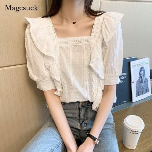 Vintage Square Collar Summer Female Blouses Ruffles Lace Casual Short Sleeve Shirts for Woman White Tops Women Clothing 13760