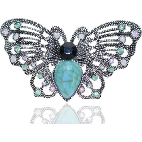 Wholesale 10 Pcs Silver Plated Butterfly Shape Green Turquoises Stone Brooch with Rhinestone Jewelry