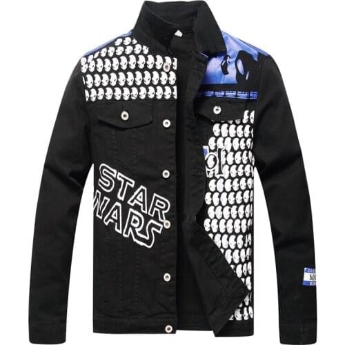 Mens Denim Jacket Personality Skull Print Youth Single-Breasted Denim Jacket Large Size 5XL Casual Denim Coat Male