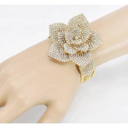 European&American Fashion Exquisite Jewelry Rose Flower Gold-Plated Crystal Bracelet For Women Gorgeous Wedding Bridal Bracelet
