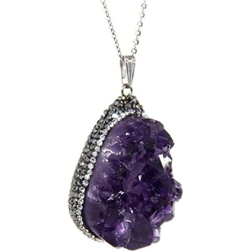 FYSL Silver Plated Irregular Shape Natural Amethysts Stone Cluster Pendant Link Chain Necklace Fashion Jewelry