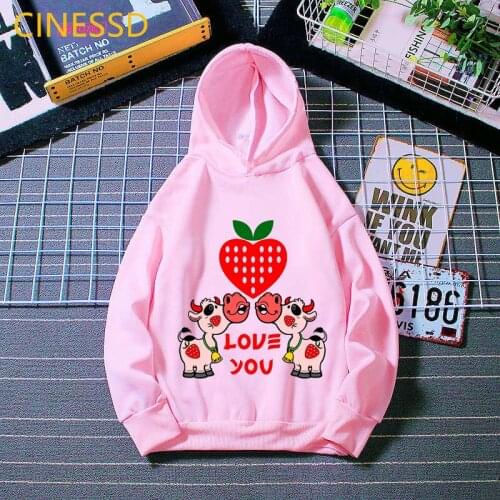 Love You Strawberry Cow Graphic Hoodies Girls/Boys Harajuku Kawaii Children Clothing Toddler Tracksuit Winter Spring Coat