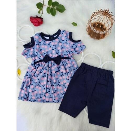 Tulip Printed 2'li Suit-9-12 Month-Navy Blue Cotton Short Sleeve Woven Trend