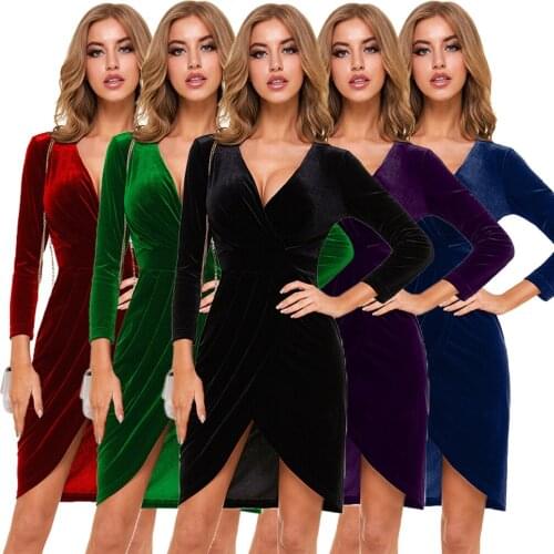 2021 Fashion Summer Solid Color Pleated Sexy Hot Nightclub Bandage Split V-neck Long Sleeve Mini Bodycon Hedging Dress for Women