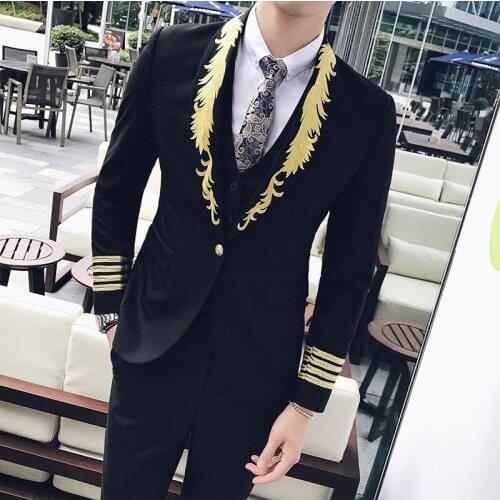 Tuxedo Jacket +vest+ Pant Smoking Hommed Black Gold Mens Wedding Suits Costume Homme Marriage Stage Clothing 3xl