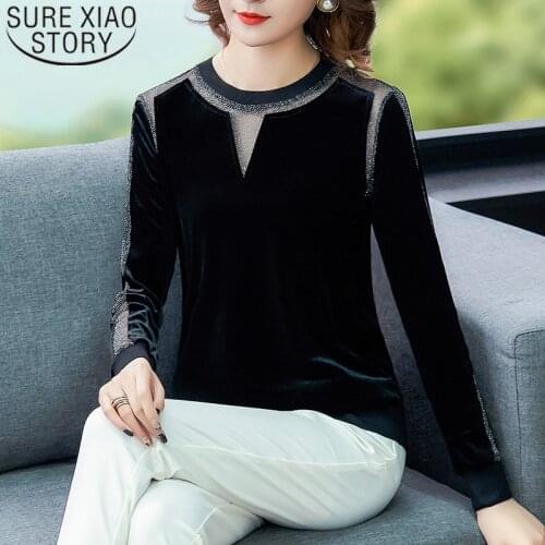 2020 New Spring and Autumn Golden Velvet Long Sleeve Bottoming Shirts Women Black Loose Casual Women Shirts Blusas Mujer 8459 50