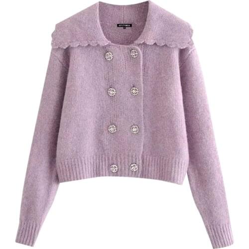 2021 New Women Fashion Rhinestone Buttoned Knitted Cardigan Sweater Vintage Long Sleeve Female Outerwear Chic Tops