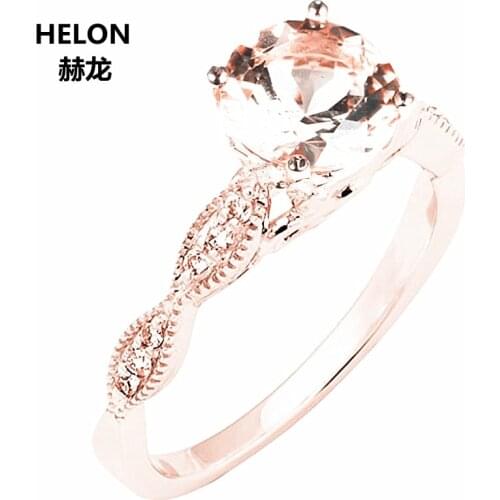 Solid 14k Rose Gold Natural Diamonds Engagement Wedding Ring 6mm Round Pink Morganite Ring Fine Jewelry Women Millgrain Vintage
