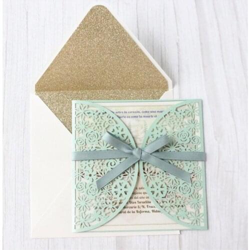 Wedding invitation gift card light green floral lace decoration glitter lining envelop custom printing supply