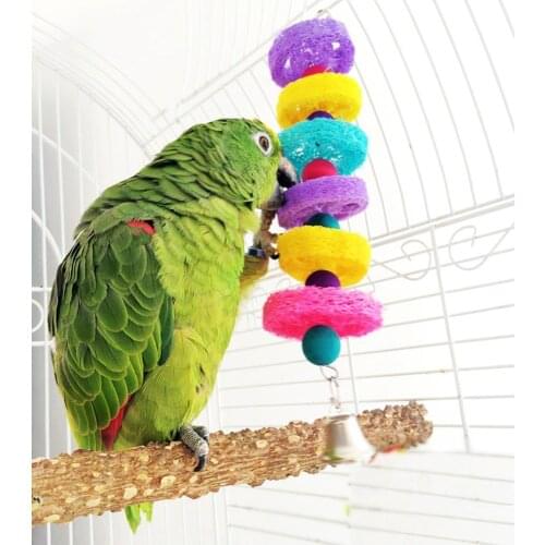 Bird Hanging Chew Toy Colorful Loofah Shred and Preen Wooden Straw with Bell Cage Accessory