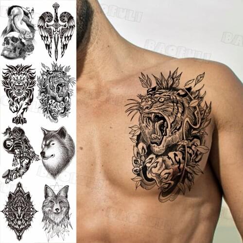Tribal Tiger Flora Temporary Tattoo For Men Adult Realistic Fake Astronaut Wings Tatoos Wolf Skull Flamingo Tattoo Stickers