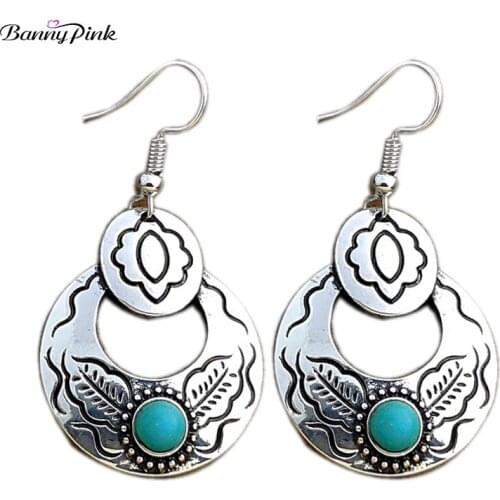 Banny Pink Gypsy Carved Flower Pattern Dangle Earrings For Women Tribal Round Statement Drop Earrings Bohemia Chandelier Earring