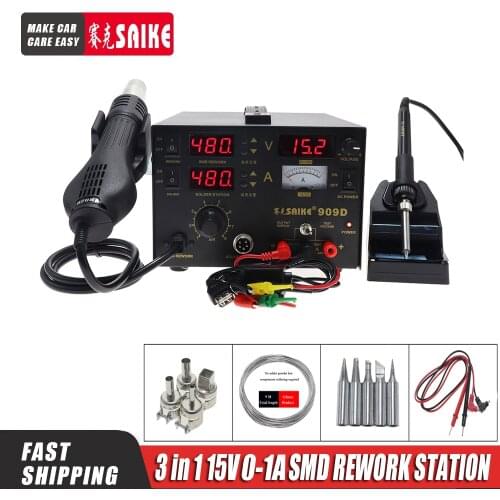 Saike 909D Heat Gun Desoldering Station Power Multi-Function 3 in 1 Constant Temperature Soldering Iron Soldering Station 15V 1A