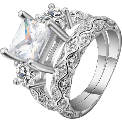 Seanlov Fashion Couple Engagement Ring Clear Zircon Cz Silver Color Birthstone Wedding Band Ring Set For Women Men