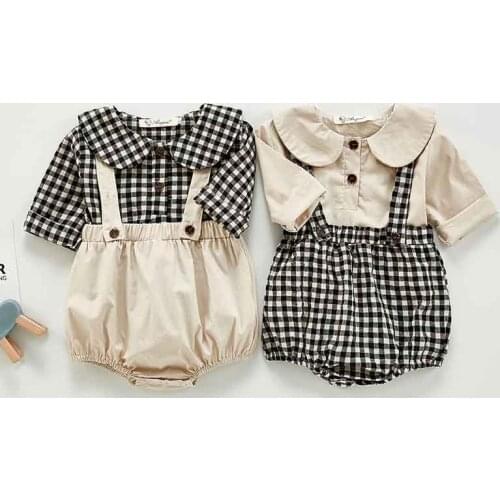 Spring New Lattice Baby Girl Clothes Sets Newborn Baby Long Sleeve Blouses + Jumpsuit Overalls Fashion Baby Girl Outfits