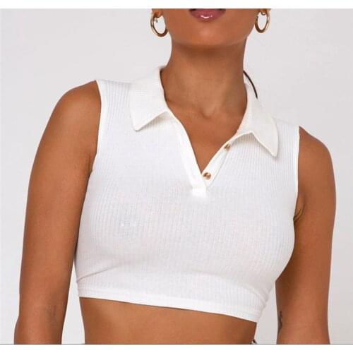 Ladies Summer Sexy Ribbed Knitted Tank Top Temperament Lapel Solid Color Midriff-baring Sleeveless Slim Crop Top 2021 Streetwear
