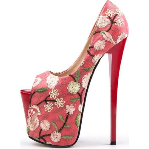 Floral Buckle Ankle Strap Chunky Heel Pumps Bohemian Mesh Slip On 19CM Thin High Heels Peep Toe printing flower women shoes 2020