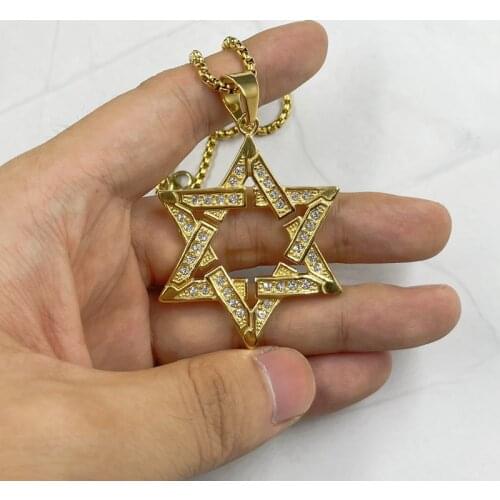 Hip Hop New Hexagram Star of David Pendant Necklace For Men Gold Color Stainless Steel Israel Jewish Iced Out Bling Jewelry