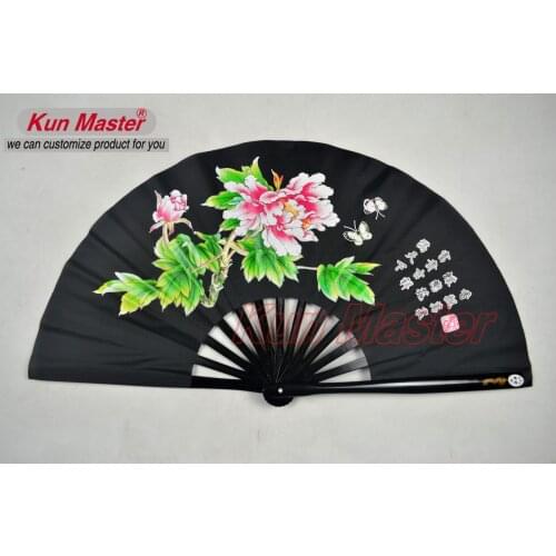 Bamboo Kung Fu Fighting Fan, Martial Arts Practice Performance Fan,Wu Shu Fan, Peony (black)