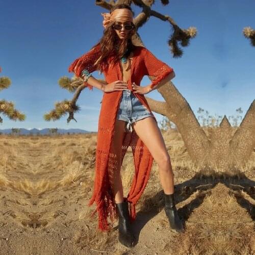 Women Crochet Beach Cover up Knit Long Beach Kaftan Tunics for Beach Swimsuit cover up Robe Plage Tassel Bathing suit #Q451