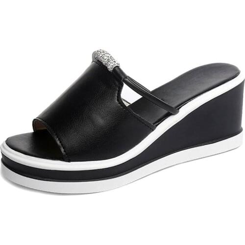 2021 Women Slipper Sandals Heels Wedges Platform Leather Peep toe Crystal Elegant Female Sandals Ladies Mules clogs Summer Shoes