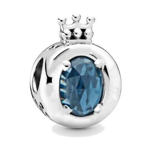 Genuine 925 Sterling Silver Bead Blue Crystals Sparkling Crown O Charm Fit Pan Women Bracelet & Necklace Diy Jewelry