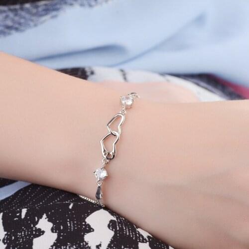 Prevent allergy 925 Sterling Silver Double layer Crystal Heart Charm Bracelet For Women Bracelet &Bangle Wedding Jewelry SL132