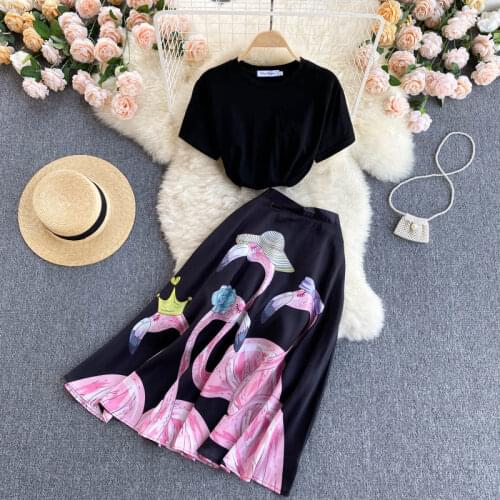 Womens Spring Summer Runway Fashion Short Sleeve Swan Print Dress Female Chic Travel 2pcs Party Dress TB991
