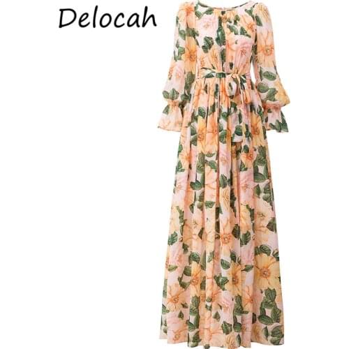 Delocah New 2021 Summer Women Fashion Runway Party Maxi Dress Flare Sleeve Bow Sashes Floral Printed Beach Holiday Long Dresses