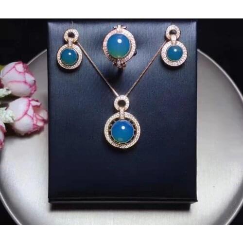 1pcs/lot S925 silver inlaid Mexican natural blue amber round beads ring earrings pendant necklace three-piece jewelry set gem