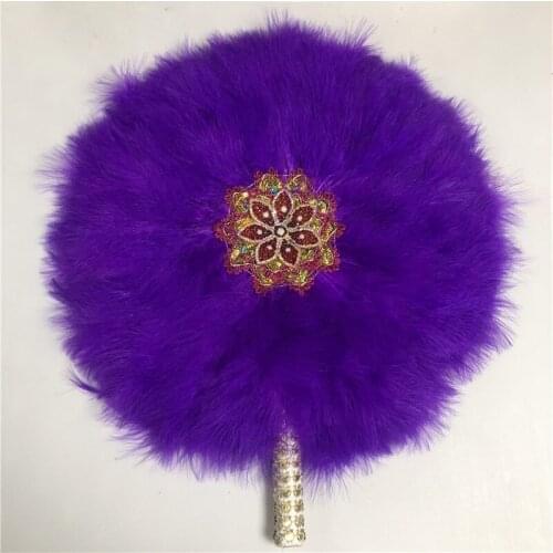 1pcs African Turkey Feather Hand Fan Handmade Fans for Dance Wedding Decoration Hand Fan with Stones Double-Sided Purple Fan-30