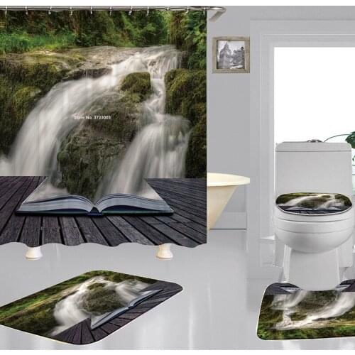 New Natural Landscape Printing Shower Curtain Polyester Water Mildew Proof Decorative Shower Curtain Bathroom Bath Mat 4 Pieces