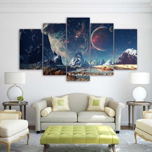 5 Piece Canvas Art Space planet snow lake galaxy Painting Modular Decor Wall art Pictures for Living Room